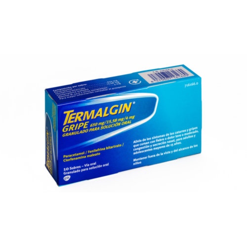 TERMALGIN GRIPE 650 MG/15,58 MG/4 MG GRANULADO PARA SOLUCION ORAL, 10 sobres